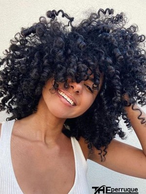 Perruque bouclée femme noire avec frange, cheveux synthétiques bouclés, résistant à la chaleur 12 pouces
