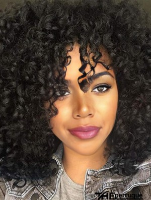 Perruque bouclée synthétique cheveux noirs naturels avec frange