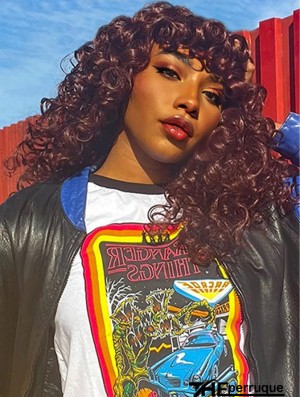 Perruque Afro Longue et Bouclée avec Frange pour Femmes Noires – Cheveux Synthétiques Volumineux et Rebondissants (Sans Colle) Idéale pour Cosplay et Usage Quotidien