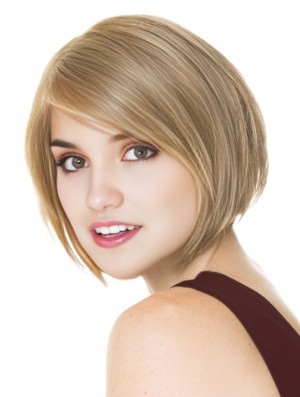 Perruque blonde courte Bob 100% longueur de menton de style droit attaché à la main