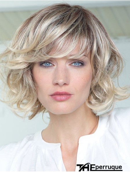 Perruques bouclées de cheveux humains avec une frange Longueur d'épaule monofilament Couleur blonde