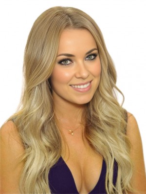 24 pouces Wavy Remy Blonde Humaine 100% Noué À La Main Monofilament Perruques UK