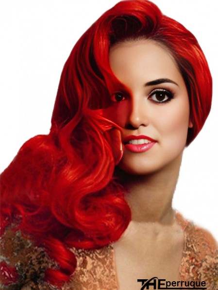 Perruque rouge cheveux humains avec une longueur ondulée capless style longue