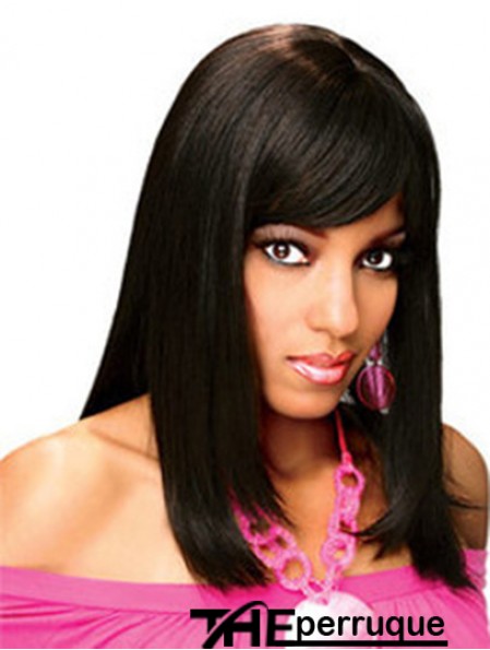Pleines perruques de cheveux humains avec une frange pleine longueur d'épaule en dentelle couleur noire