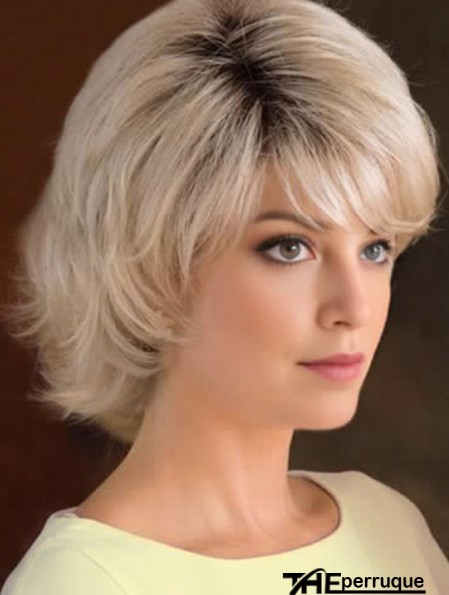 Capless 8 pouces Blonde ondulée avec des perruques Bangs pour les femmes