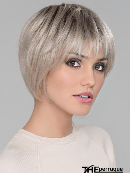 Blonde Platine Avec Frange Droite 6 pouces Court Monofilamen Couronne Perruques