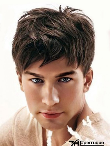 Perruque de cheveux synthétique droite sans capuchon courte marron 4  inchpour homme